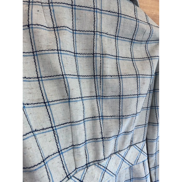 Vintage Plaid Linen Blazer Blue White Windowpane Check Tailored Jacket Handmade - Picture 9 of 11